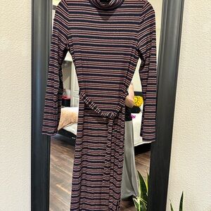 LOFT Striped Long Sleeve Dress in Navy and Brown with metallic striped details
